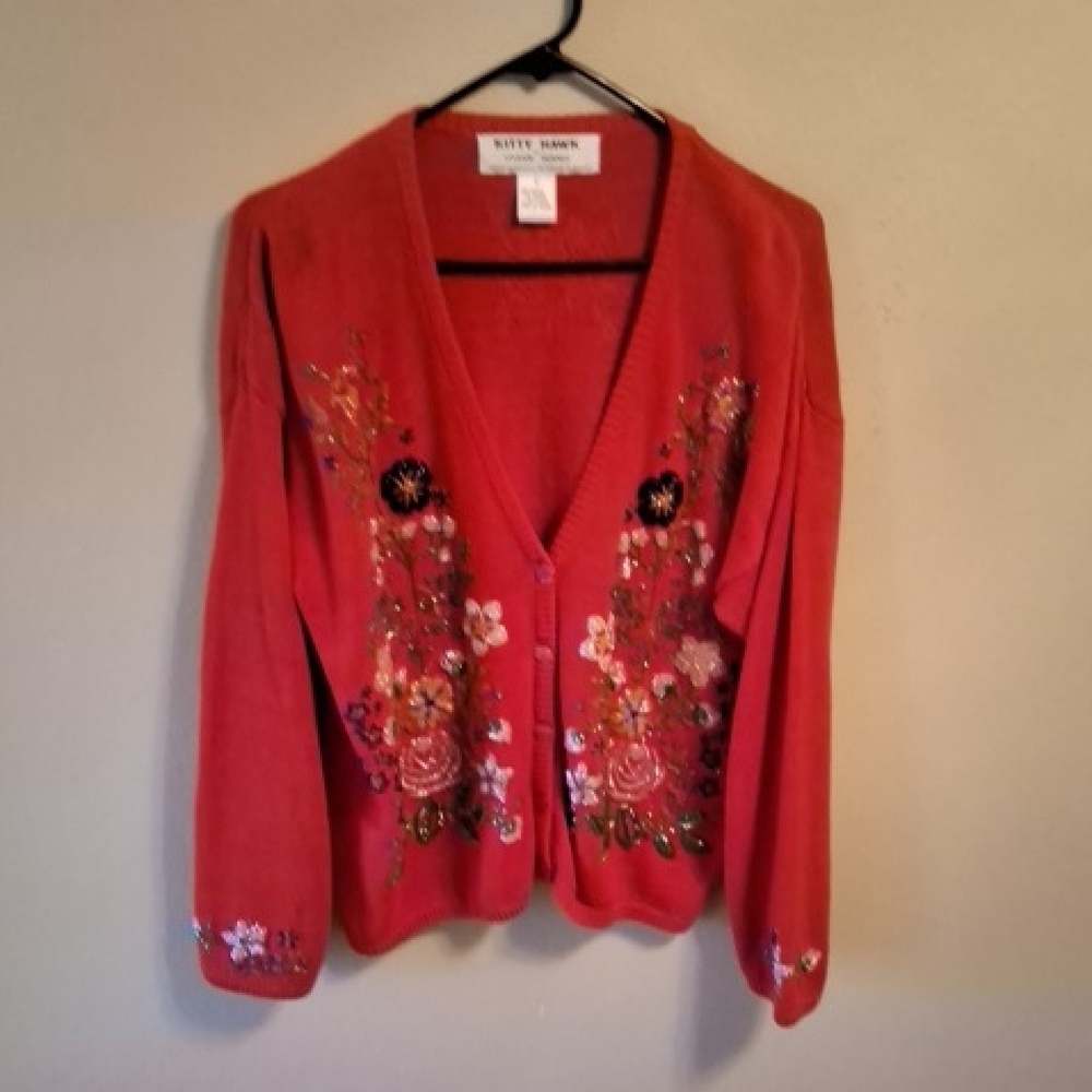 Women's Floral Beaded Kitty Hawk By Vivian Wang Cardigan - Red
